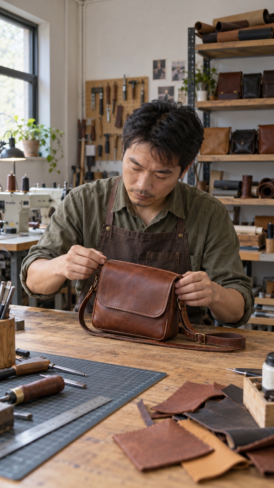 工作室里匠人检查棕色皮包缝线