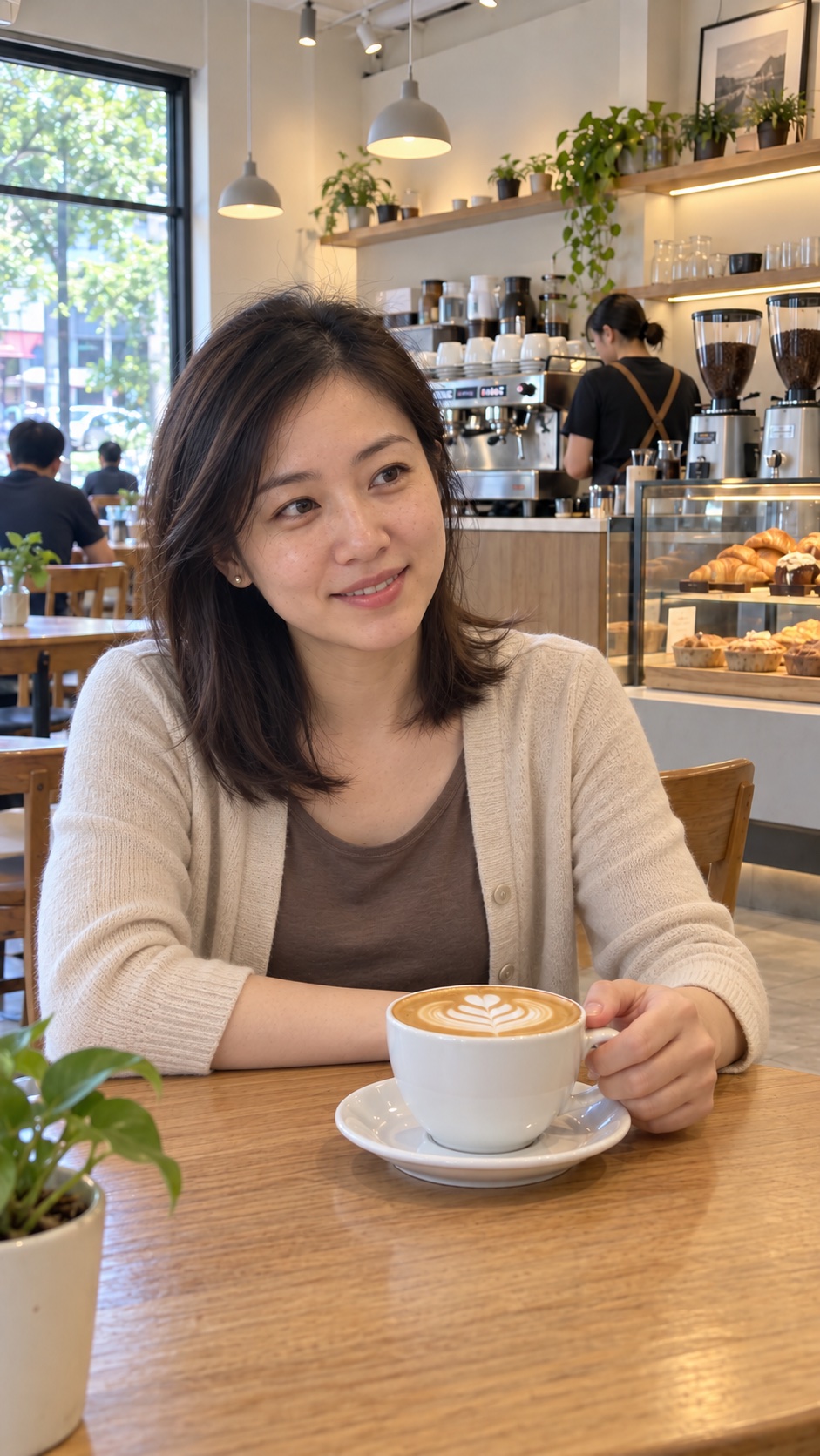 咖啡店里米色开衫女性坐在拿铁前