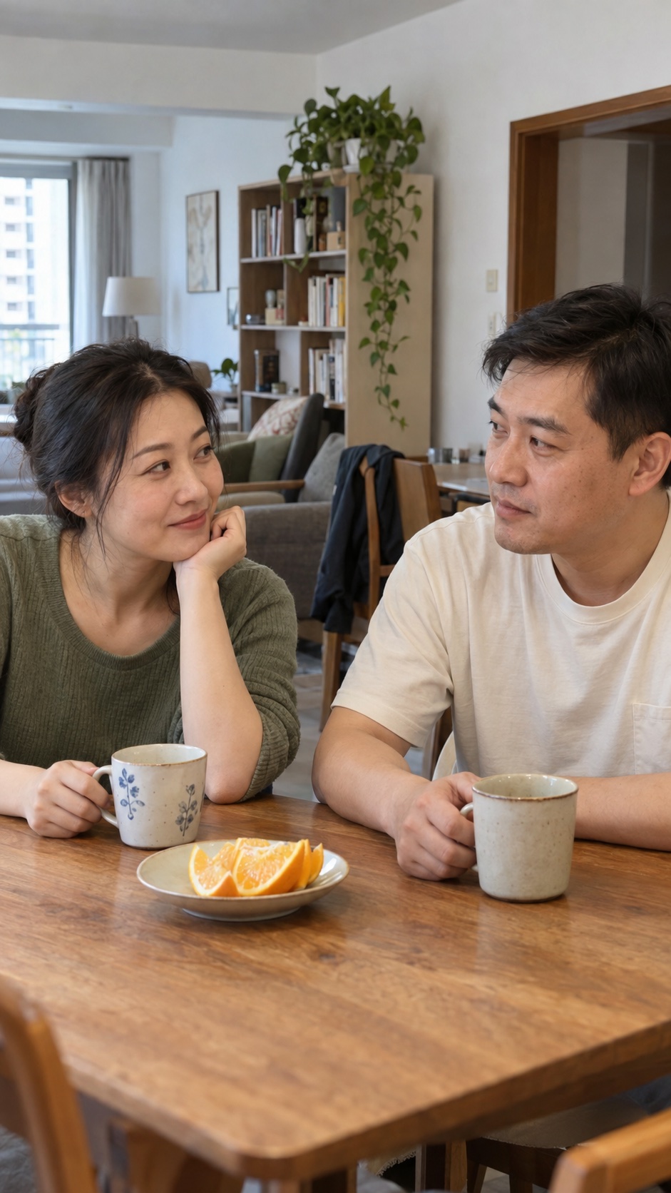 家中餐桌旁两个人自然交谈